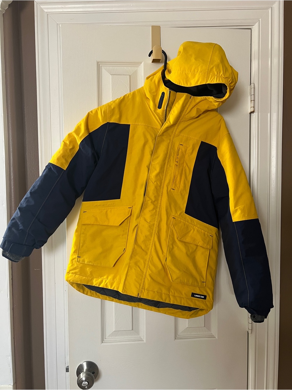 Lands’ End Squall Jacket Yellow Navy Waterproof Hooded Winter Coat Boys M 10/12